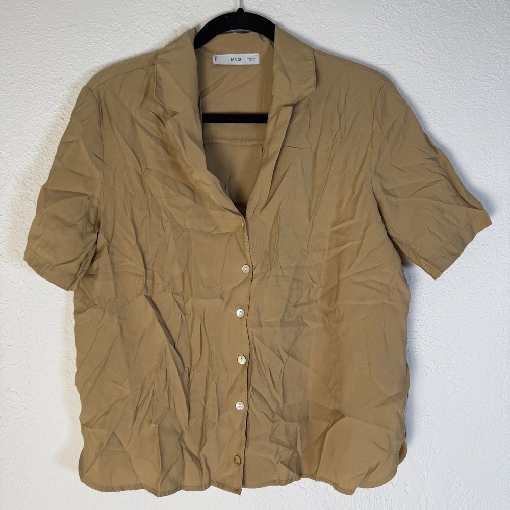 Mango MNG Women S Tan Viscose Short Sleeve Button Up Camp Shirt Minimalist